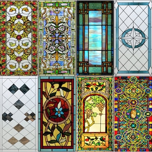 Könnte beinhalten: Ein Satz von 10 Buntglasfenstern mit verschiedenen Designs, darunter geometrische Muster, florale Motive und eine Windrose. Die Fenster sind aus buntem Glas gefertigt und haben ein traditionelles Buntglas-Design.