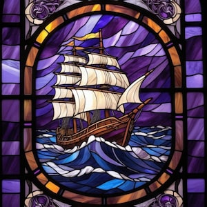 May include: Stained glass artwork depicting a sailing ship at sea. The ship is brown with white sails, set against a backdrop of purple and blue waves and sky. The artwork is framed with a decorative border in shades of purple, gold, and brown.