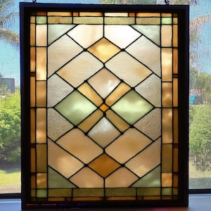 Custom Stained Glass Window Film – Vintage Geometric Privacy Window Cling for Bathroom, Kitchen, Living Room, or Door