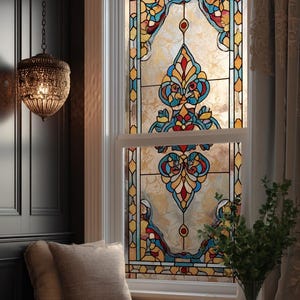 Custom Vintage Stained Glass Window Film – Floral Privacy Cling, European Ornamental Style, Colorful Design for Living Room & Door