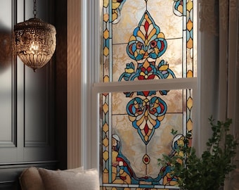 Custom Vintage Stained Glass Window Film – Floral Privacy Cling, European Ornamental Style, Colorful Design for Living Room & Door