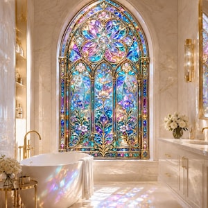 Puede incluir: Un baño con una gran ventana de vidrieras arqueada con intrincados patrones florales en tonos vibrantes de azul, morado y dorado. Una bañera ovalada blanca independiente se sitúa bajo la ventana, reflejando patrones de luz coloridos.