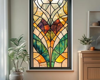 Static Cling Stained Glass Window Privacy Film – Colorful Art Deco Floral Design for Windows and Doors