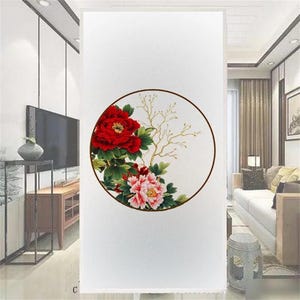 Flower Painting Privacy Window Film – Static Cling, UV Blocking, Heat Control Decorative Glass Sticker for Home