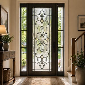 Op de afbeelding: Een donkerbruine voordeur met een groot centraal glaspaneel met een decoratief loodpatroon en getextureerd glas. De deur wordt geflankeerd door twee smalle verticale zijlichten, allemaal omlijst in een bijpassende donkerbruine afwerking.
