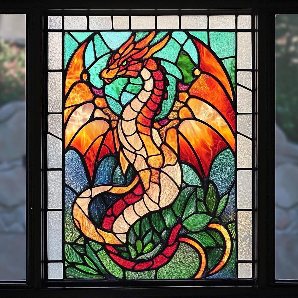 Custom Fire Dragon Stained Glass Window Film – Red & Orange Winged ...