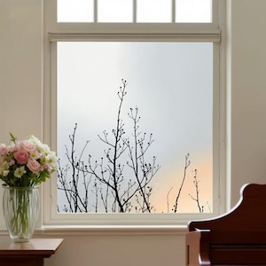 May include: A window with a frosted film featuring a black tree branch design. The window is set in a white frame, with a vase of pink and white flowers on a wooden table to the left. The background has a gradient of light colours.