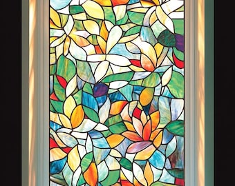 May include: A colourful stained glass window with a floral pattern. The design incorporates orange, yellow, green, blue, and red tones, with white lines separating the glass pieces. The window is set within a white frame.