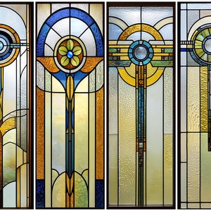 May include: Four stained glass panels with Art Deco designs. Each panel features a central vertical element with geometric shapes, including circles and lines, in shades of blue, yellow, and green. The panels are framed in dark brown.