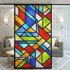 Custom Size Color Geometric Window Film - Frosted Privacy Glass, Sun-Blocking, Glue-Free Static Sticker