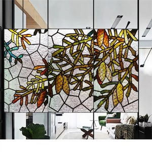 Customized Size 3D Window Film, Stained Glass Decorative UV Sticker with Privacy Frosted Static cling Decal for Glass Door, Tree Design