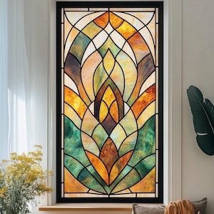 Custom Stained Glass Window Privacy Film – Art Deco Floral Design, Static Cling, Anti-UV for Living Room