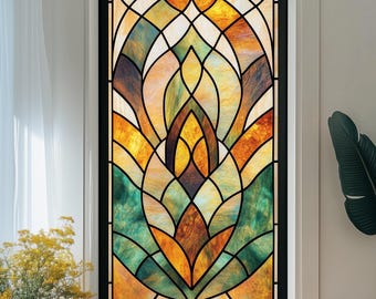 Custom Stained Glass Window Privacy Film – Art Deco Floral Design, Static Cling, Anti-UV for Living Room