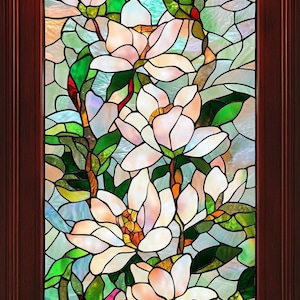 Custom Magnolia Stained Glass Window Film – Elegant White Floral Privacy Vinyl for Glass Doors and Windows – Static Cling Decorative Panel