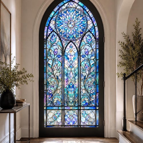 Stained Glass Window Film Blue Cathedral Design | Gothic Arch Privacy Window Cling | Luxury Decorative Glass Film | Custom Size