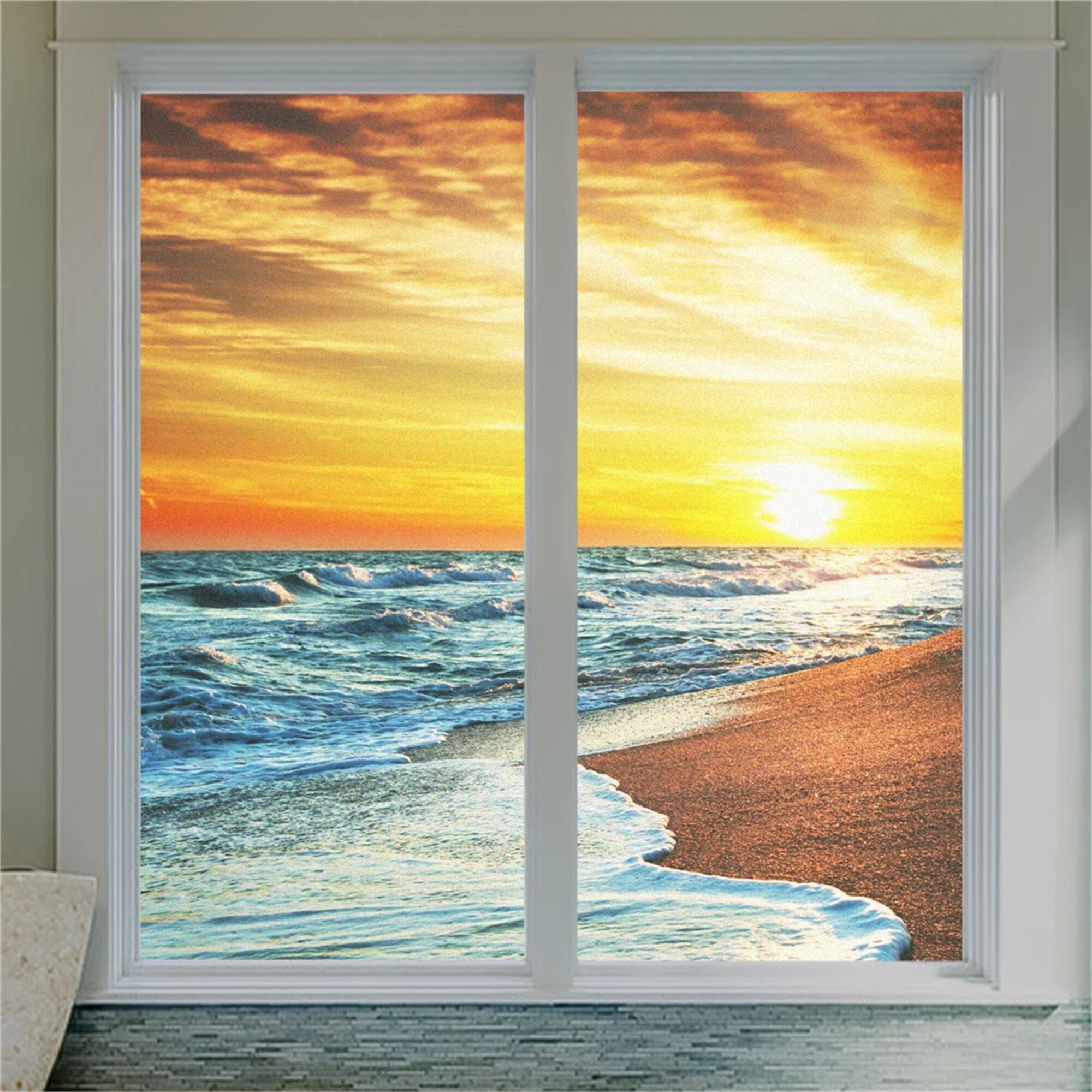 Seaside Sunset Window Film - Privacy Glass with Frosted Door Stickers, Glue-Free Electrostatic, Anti-UV Protection