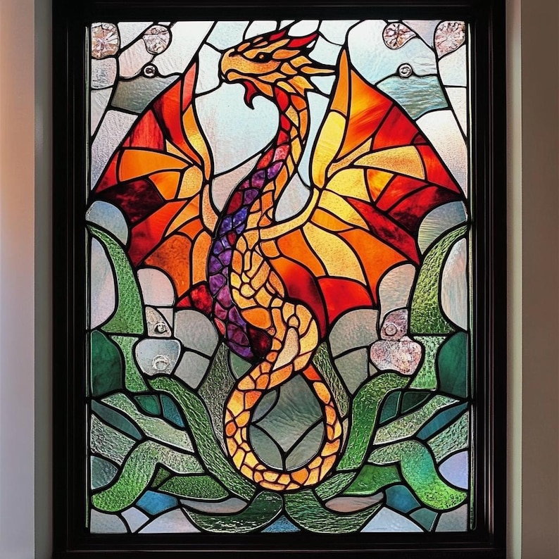 Custom Fire Dragon Stained Glass Window Film – Red & Orange Winged ...