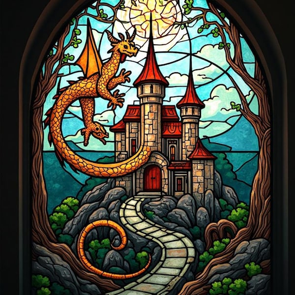 Custom Stained Glass Window Film Fantasy Dragon & Castle – Medieval Gothic Static Cling for Game Room, Door, Kids Room, Privacy Window