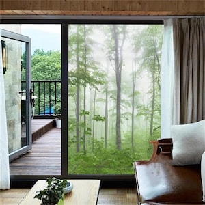 Privacy Glass Window Film – Morning Forest Pattern, Glue-Free, Static Cling, Anti-UV Glass Door Film for Home Decoration