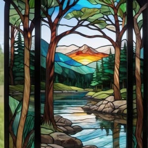 Puede incluir: Panel de vidrieras que representa un paisaje sereno. La obra de arte presenta un río, árboles y montañas bajo un cielo azul. Los colores incluyen tonos de verde, marrón, azul y naranja, creando una escena vibrante y natural.