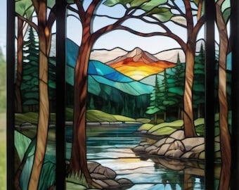Custom Forest Sunset Stained Glass Window Film – Mountain River Scene Static Cling Privacy Film for Balcony, Living Room, or Nature Decor