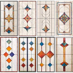 Geometric Stained Glass Window Film Set – Custom Privacy Clings with Abstract Diamond and Floral Patterns | Static Cling No Glue