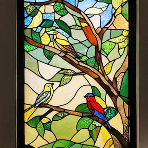 Custom Bird & Tree Stained Glass Window Film – Colorful Forest Privacy Cling for Bathroom, Kitchen, or Sunroom | No Glue Static Vinyl