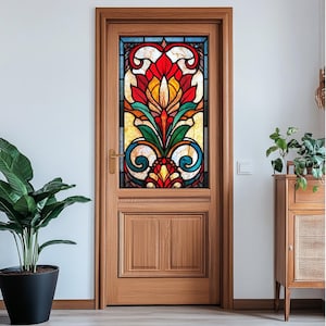 Artistic Floral Stained Glass Window Decal Privacy Film Static Cling Non-Adhesive Entryway Decor