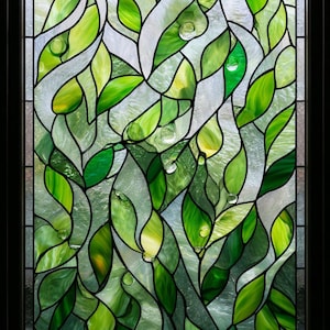 Custom Green Leaf Stained Glass Window Film – Botanical Privacy Cling with Dewdrop Detail | Nature-Inspired Frosted Glass Decor for Home
