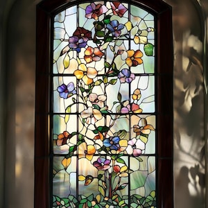 Colorful Floral Stained Glass Window Film – Custom Decorative Privacy Static Cling Frosted Glass Sticker for Home Decor