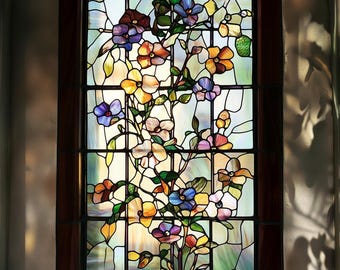 Colorful Floral Stained Glass Window Film – Custom Decorative Privacy Static Cling Frosted Glass Sticker for Home Decor