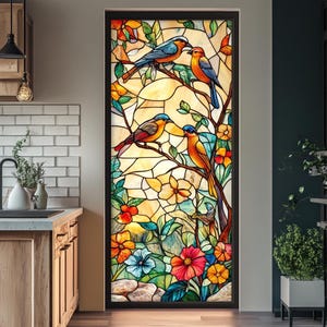 Colorful Birds and Blossoms Stained Glass Window Film – Vibrant Floral Privacy Cling for Glass Doors and Windows