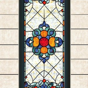 Custom Vintage Floral Stained Glass Window Film – Elegant Blue and Amber Panel Design –Static Cling Decorative Privacy Vinyl for Glass Doors