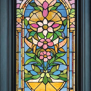 Floral Stained Glass Window Film – Custom Vintage Flower Privacy Cling for Glass Door or Window | Rainbow Color Art Deco Look | No Glue