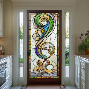 Custom Size Geometric Stained Glass Window Film – Frosted Privacy, Retro Colors, Static Cling Peel & Stick Vinyl