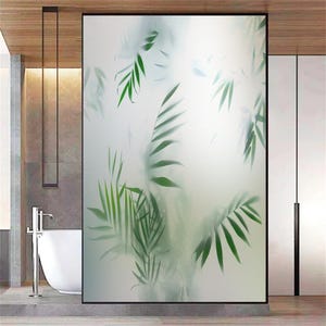 Privacy Window Film with Green Plants Design – Static Cling, UV Protection and Heat Control Frosted Glass Sticker