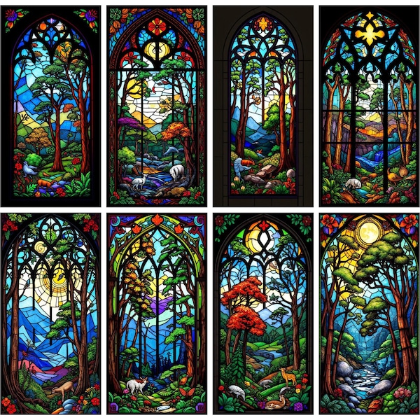 Custom Stained Glass Window Film Forest Landscape – Nature Scene Static Cling for Privacy, Glass Door, Bathroom, Living Room, Balcony