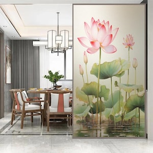 Lotus Pattern Privacy Window Film – Static Cling, UV Blocking, Heat Control Frosted Glass Sticker for Home