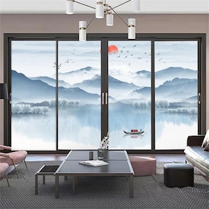 Privacy Window Film – Sun Blocking, Non-Glue Static Cling for Glass Doors, Ink Painting Pattern, Frosted Glass Stickers