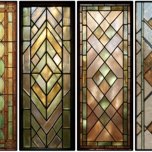 Art Deco Geometric Stained Glass Window Film – Custom Frosted Privacy Cling for Door & Window, Amber Green Textured Panel Design