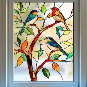 Three Birds on Colorful Tree Branches Stained Glass Window Film – Decorative Privacy Vinyl Cling for Home Windows and Doors