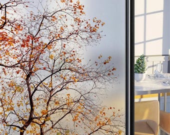 Custom Stained Glass Window Film – Tree and Mountain Pattern, Frosted Privacy, Static Cling Door Sticker for Home