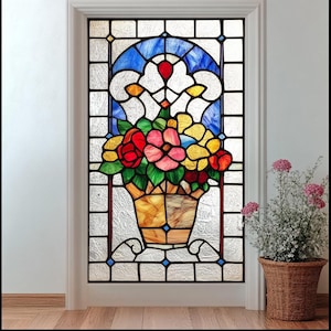 Custom Potted Floral Stained Glass Window Film Privacy Decorative Door Cling Static Non-Adhesive Vintage Design