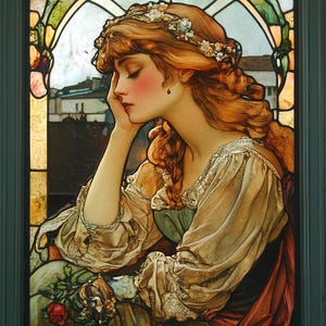 May include: Stained glass window showing a woman with auburn hair and a floral crown, resting her head on her hand. The artwork uses a muted colour palette with shades of green, gold, and red. The woman is wearing a cream-coloured dress.