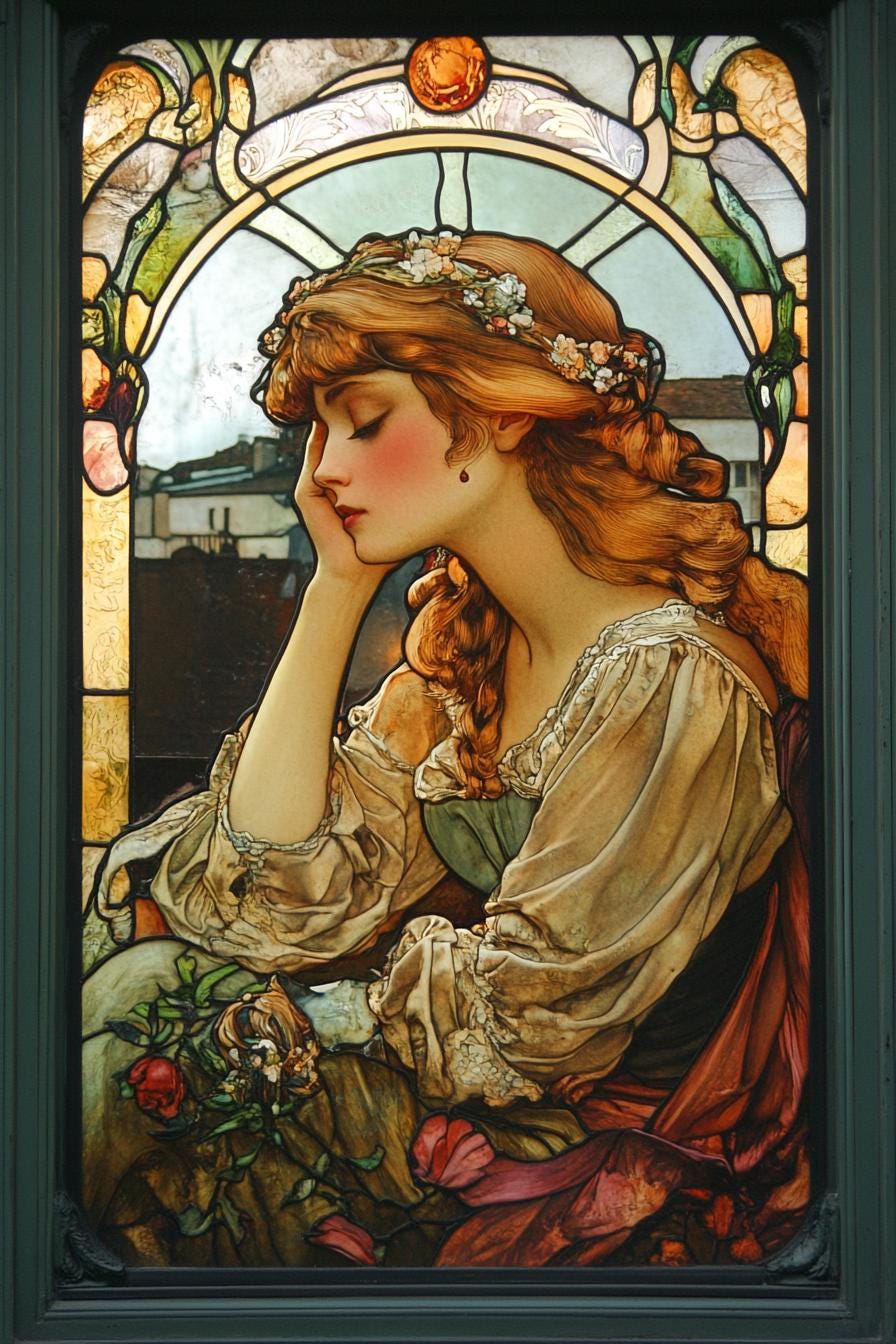 Custom Stained Glass Window Film – Art Nouveau Woman Portrait Privacy Cling for Bedroom, Hallway, or Studio | Elegant No Glue Vinyl