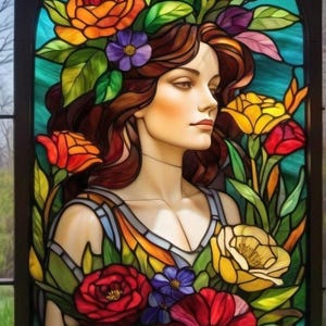 Custom Art Nouveau Woman Stained Glass Window Film – Floral Lady Static Cling Privacy Film for Bedroom, Studio, or Feminine Decor