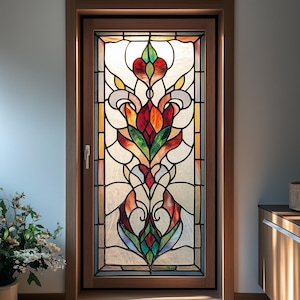 Stained Glass Window Film – Elegant Floral Design, Frosted Privacy Static Cling for Home and Office Windows