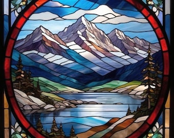 Custom Mountain Lake Stained Glass Window Film – Scenic Round Landscape Static Cling Privacy Film for Living Room, Cabin, or Entryway Decor