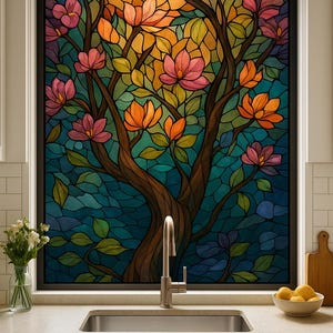 Custom Stained Glass Window Film – Floral Magnolia Tree Design for Kitchen Window Privacy