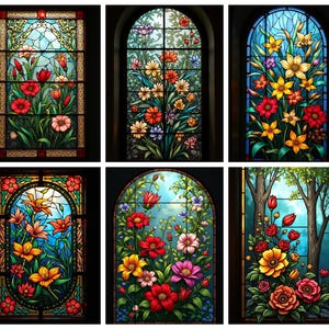 Custom Stained Glass Window Film Colorful Floral Collection – Garden Flower Panel Static Cling for Privacy Window Door Kitchen or Entryway